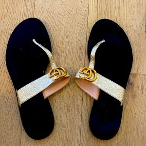 Gucci T-Strap Sandals: Gold tinted leather
